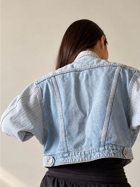 Vintage 90s Whooz Blooz Cropped Denim Jacket Pinstripe Sleeves S
